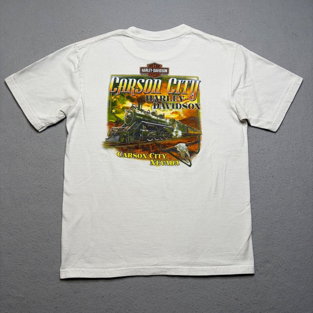Harley-Davidson T-Shirt Mens Small White Carson City Nevada Train Graphic Y2K